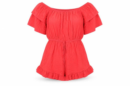 Front view of ASOS women’s red viscose playsuit one-piece, size UK 10, pullover - elasticated waist