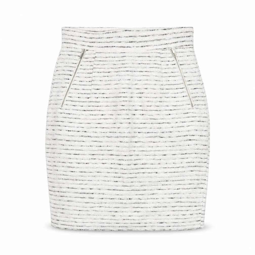 Front view of H&M women’s white striped polyester straight & pencil skirt, size UK 8, zip - lined pockets