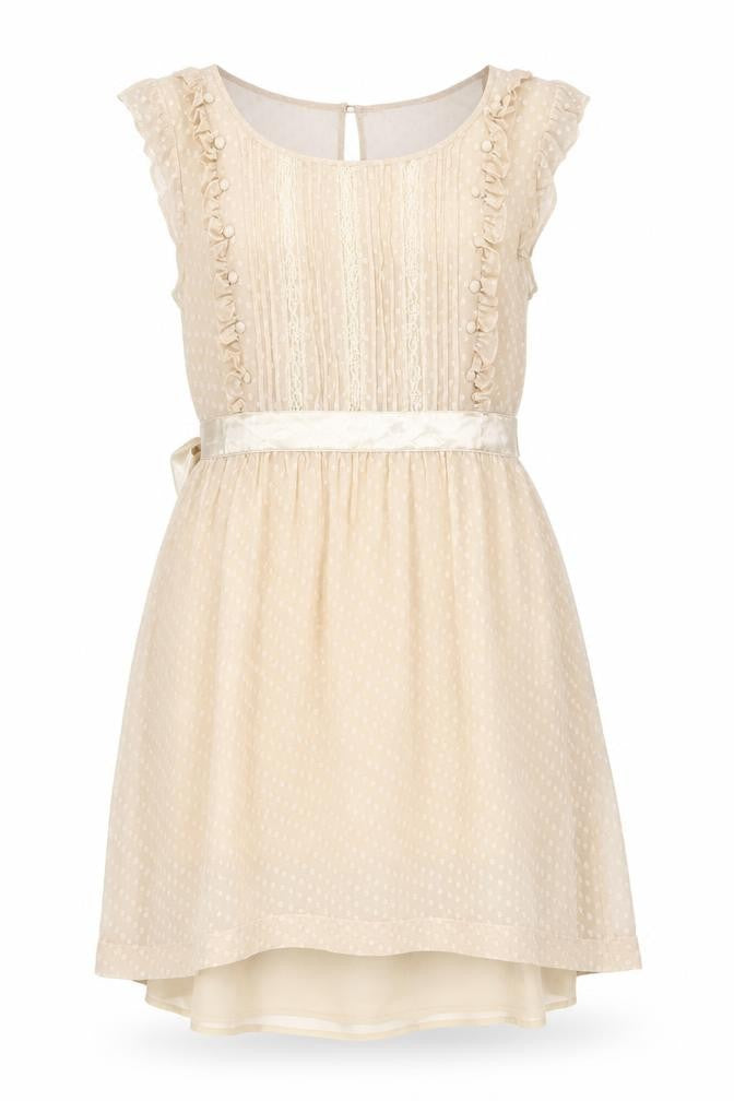 Front view of Miss Selfridge women’s beige polyester a-line, size UK 12, boat neck zip