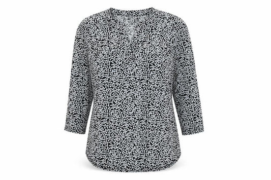Front view of Jones New York women’s grey polyester basic button-up, size M, v-neck