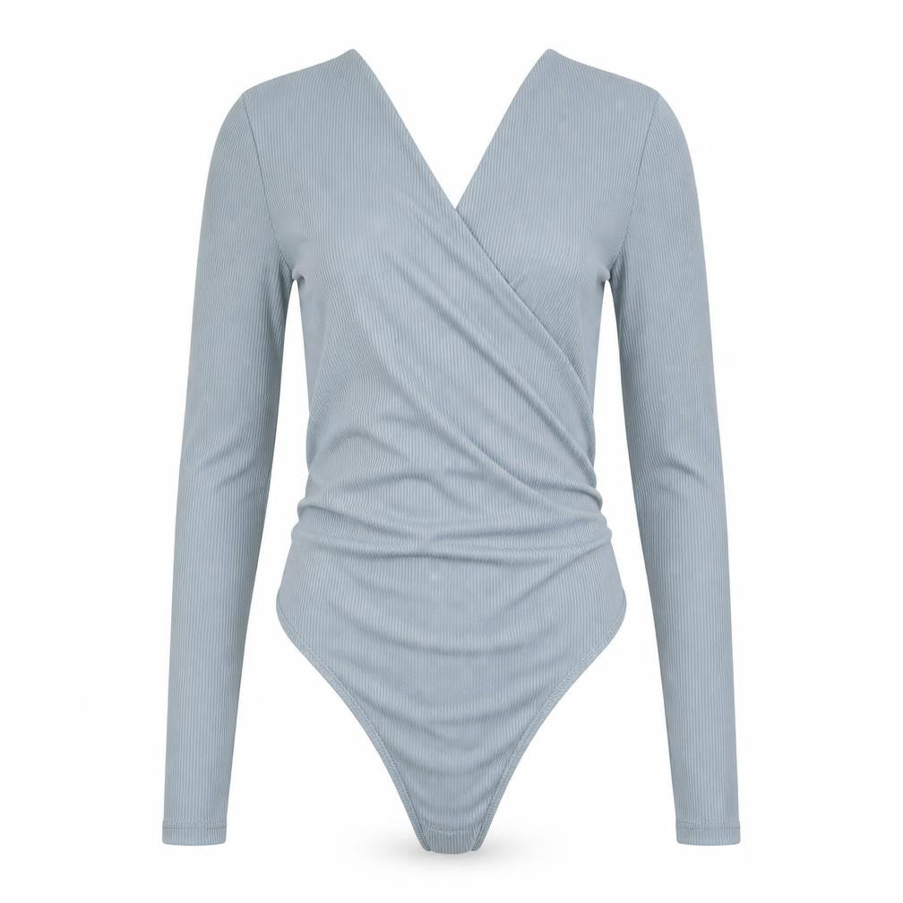 Front view of Topshop women’s grey polyester bodysuit one-piece, size UK 6, snap - ribbed