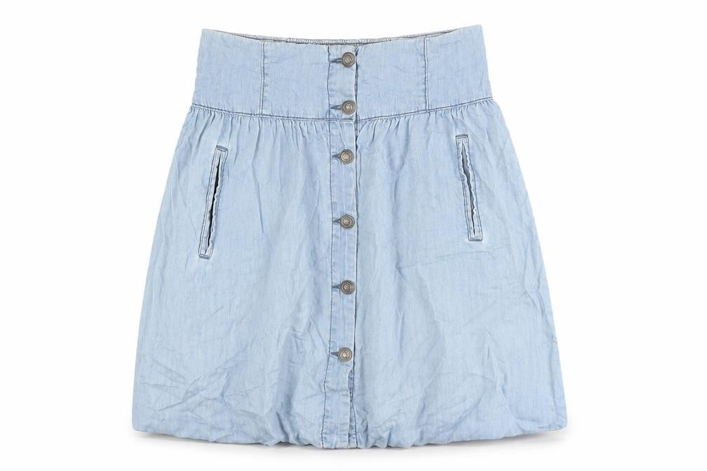 Front view of zeana women’s blue cotton a-line skirt, size S, button