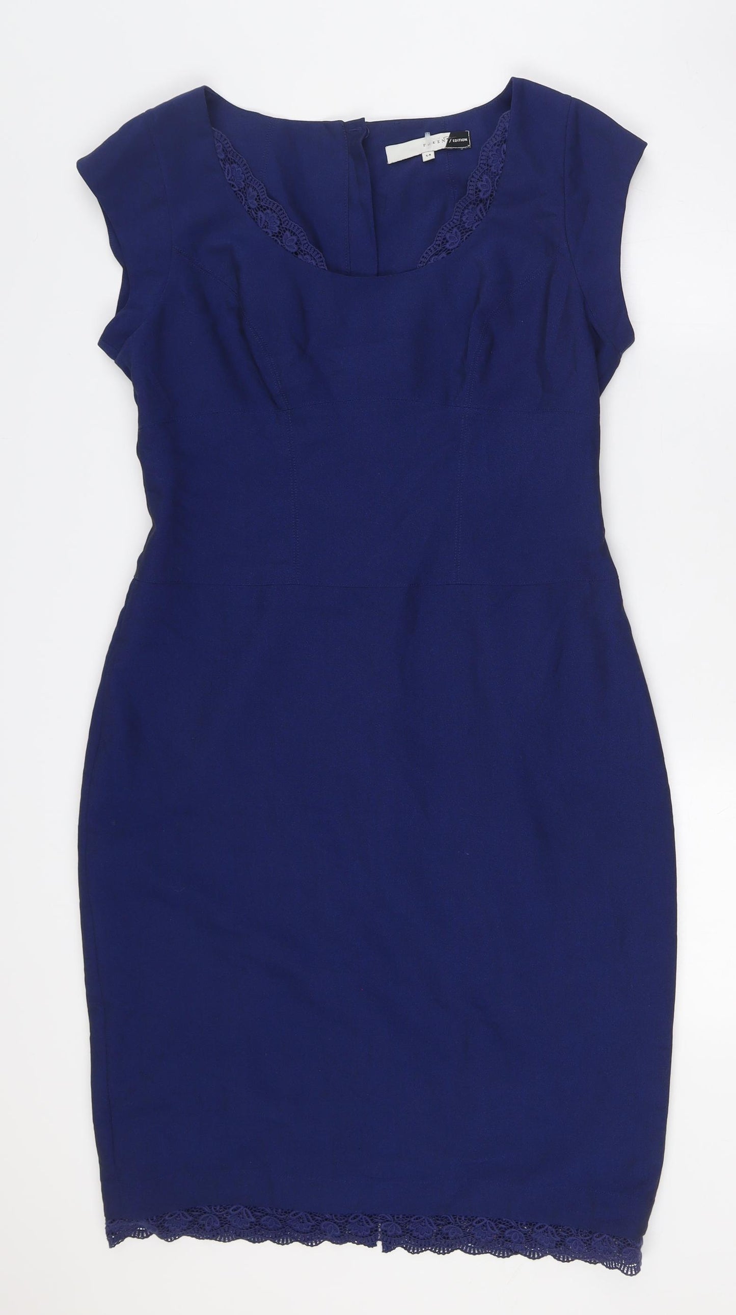 Preen Womens Blue Polyester Pencil Dress Size 14 Round Neck Zip - Lace Trim