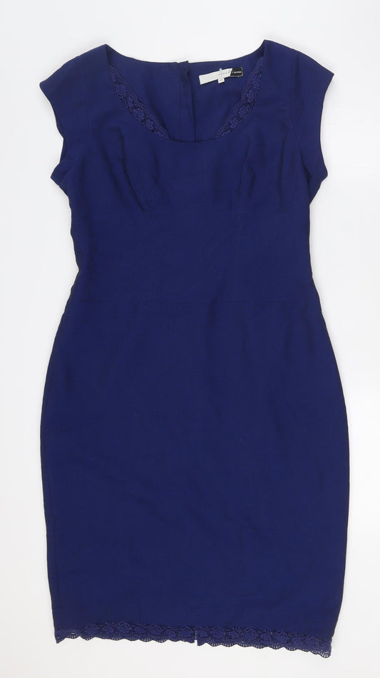 Preen Womens Blue Polyester Pencil Dress Size 14 Round Neck Zip - Lace Trim