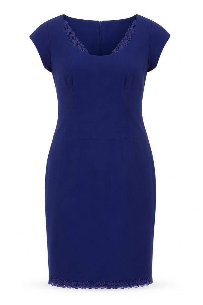 Front view of Preen women’s blue polyester pencil dress, size UK 14, round neck zip - lace trim