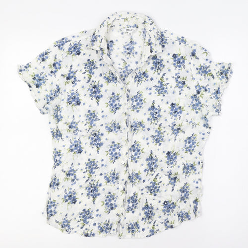 M&Co Womens White Floral Cotton Basic Button-Up Size 12 Collared - Bead Detail