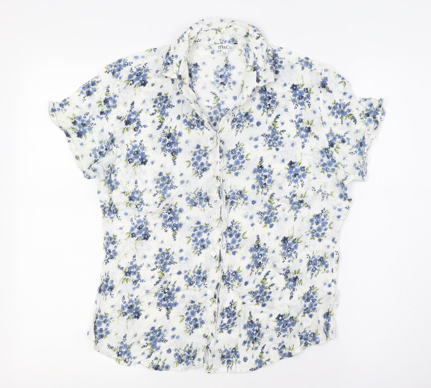 M&Co Womens White Floral Cotton Basic Button-Up Size 12 Collared - Bead Detail