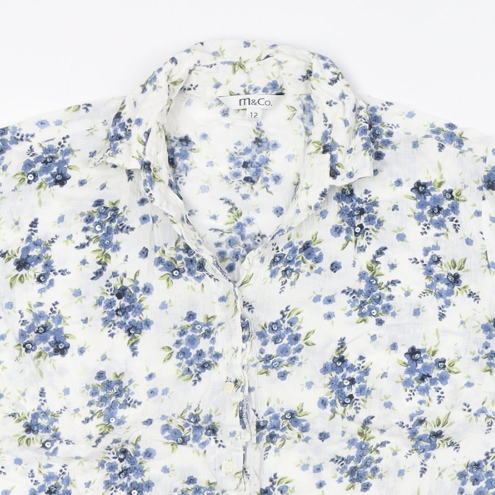 M&Co Womens White Floral Cotton Basic Button-Up Size 12 Collared - Bead Detail
