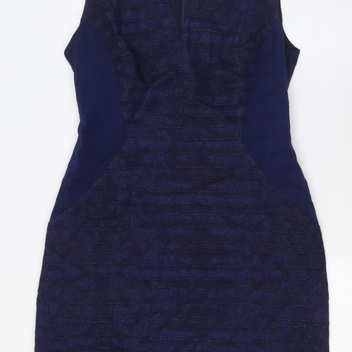 Per Una Womens Blue Cotton Pencil Dress Size 14 V-Neck Zip