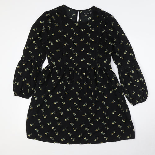 Boohoo Womens Black Floral Polyester A-Line Size 12 Round Neck Zip - Lace Detail