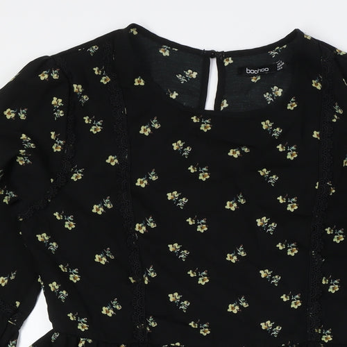 Boohoo Womens Black Floral Polyester A-Line Size 12 Round Neck Zip - Lace Detail
