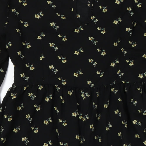 Boohoo Womens Black Floral Polyester A-Line Size 12 Round Neck Zip - Lace Detail
