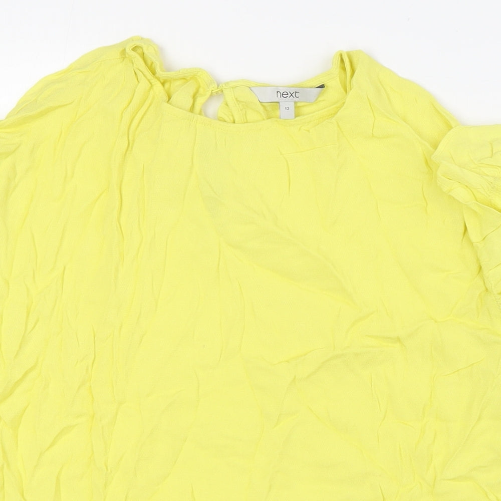 NEXT Womens Yellow Viscose Basic Button-Up Size 12 Round Neck - Ruffles
