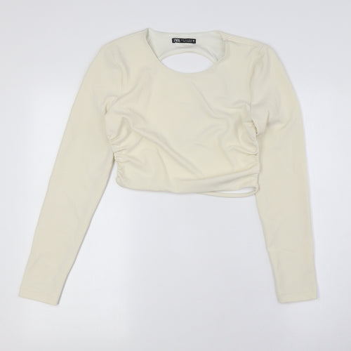 Zara Womens Ivory Polyester Cropped Button-Up Size M Round Neck - Backless