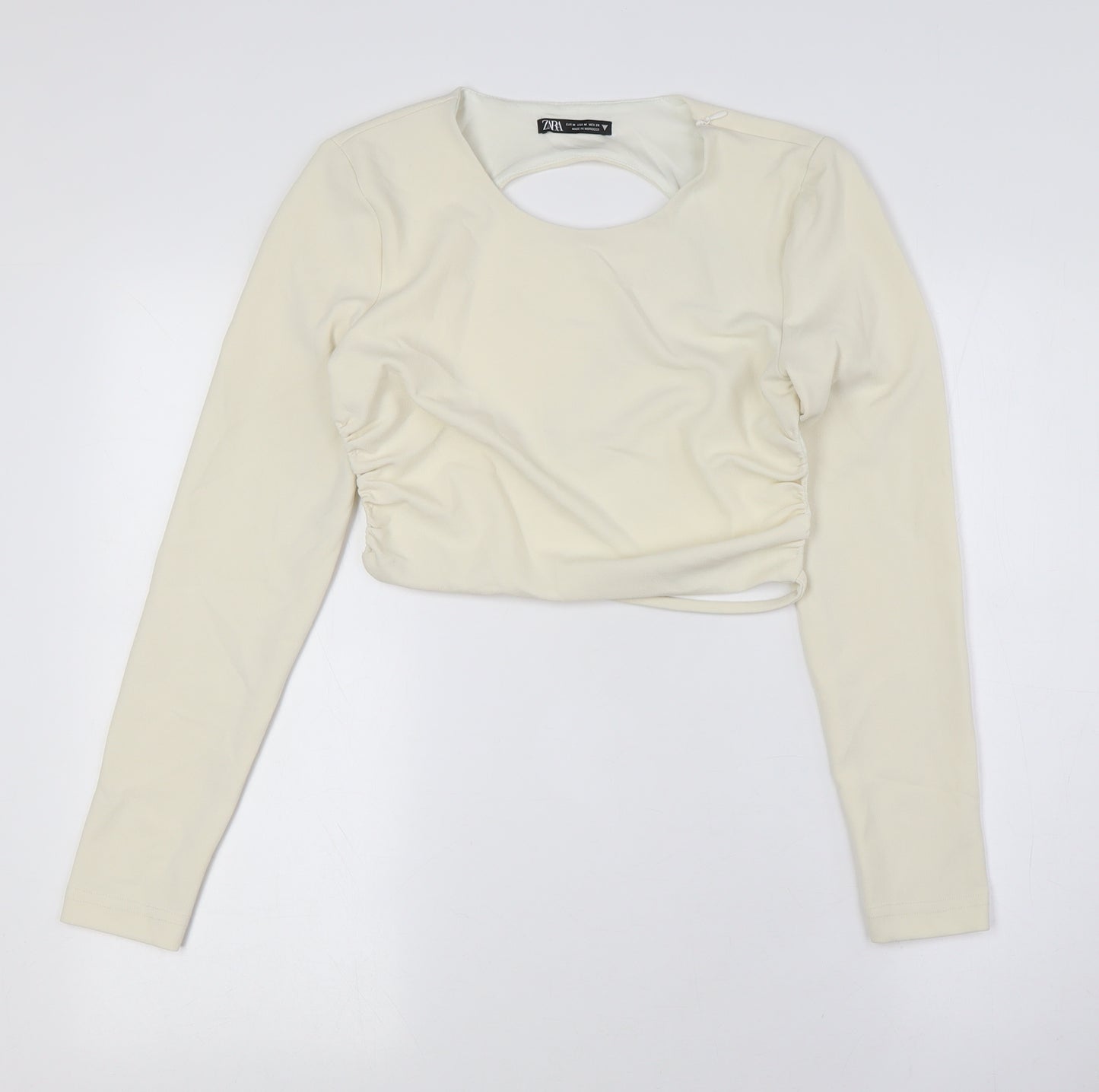 Zara Womens Ivory Polyester Cropped Button-Up Size M Round Neck - Backless