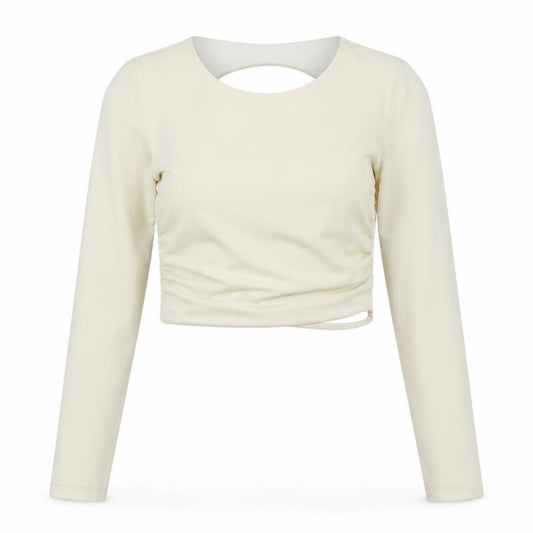 Front view of Zara women’s ivory polyester cropped button-up, size M, round neck - backless