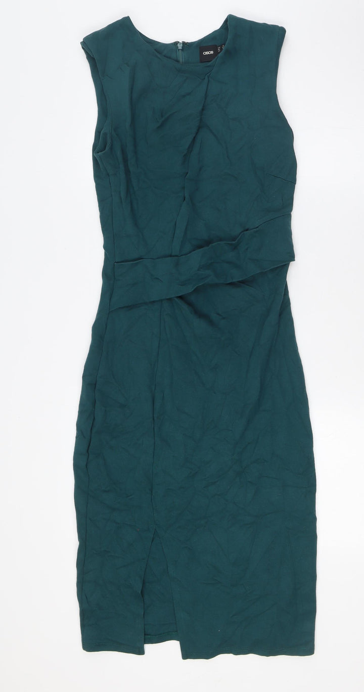 ASOS Womens Green Viscose Pencil Dress Size 10 Round Neck Zip