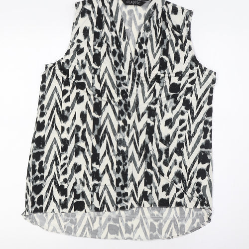Classic Womens White Animal Print Polyester Basic Button-Up Size 12 V-Neck