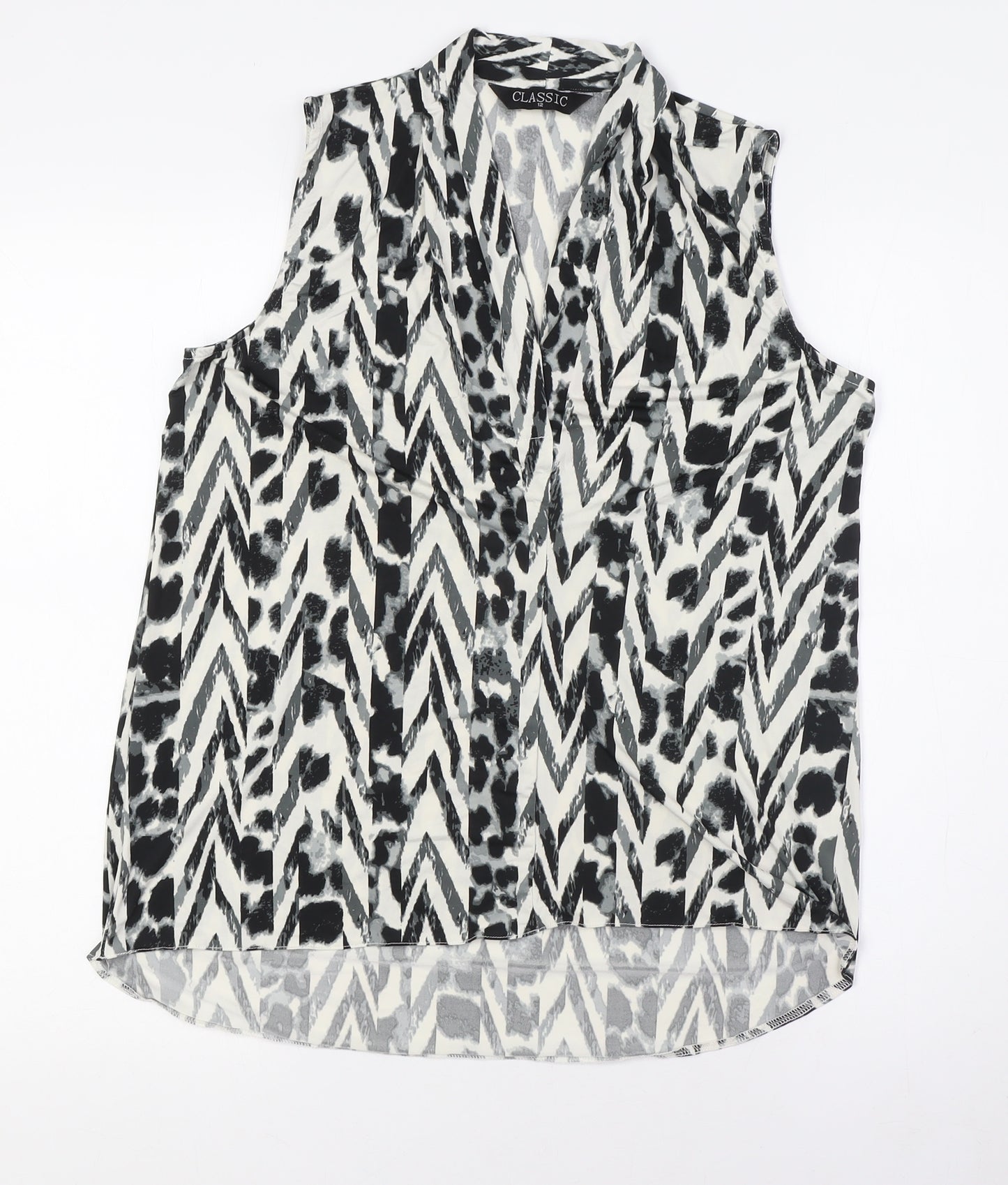 Classic Womens White Animal Print Polyester Basic Button-Up Size 12 V-Neck
