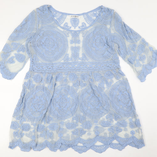 Beaty Woman Womens Blue Cotton Tunic Button-Up Size XL Round Neck - Sheer