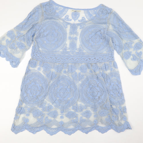 Beaty Woman Womens Blue Cotton Tunic Button-Up Size XL Round Neck - Sheer