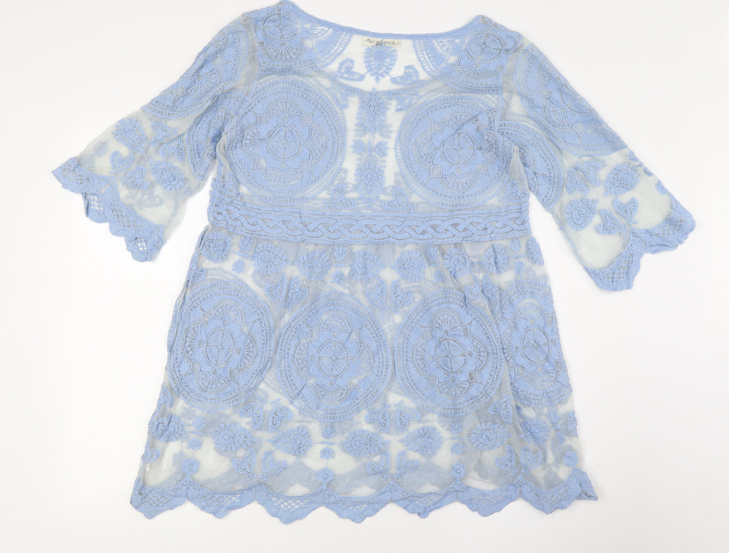 Beaty Woman Womens Blue Cotton Tunic Button-Up Size XL Round Neck - Sheer