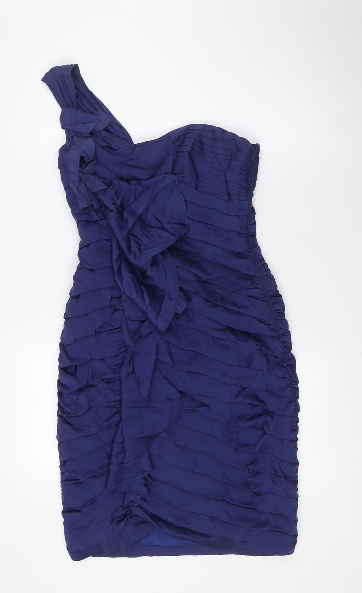 Coast Womens Blue Silk Pencil Dress Size 8 One Shoulder Zip