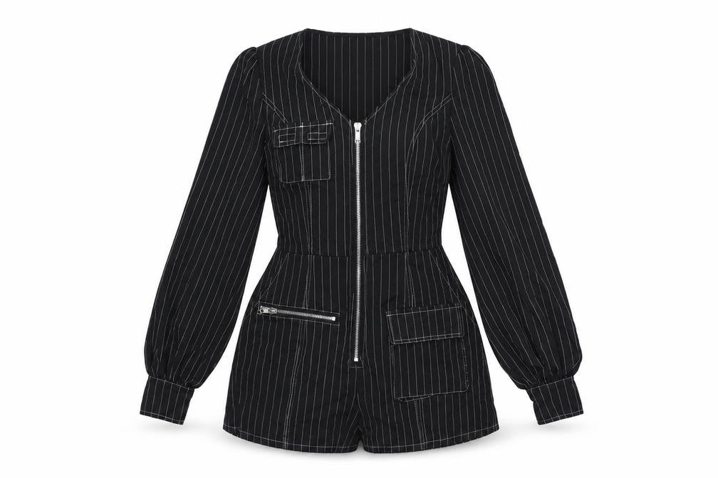 Front view of Missguided women’s black striped polyester playsuit one-piece, size UK 6, - zip pocket