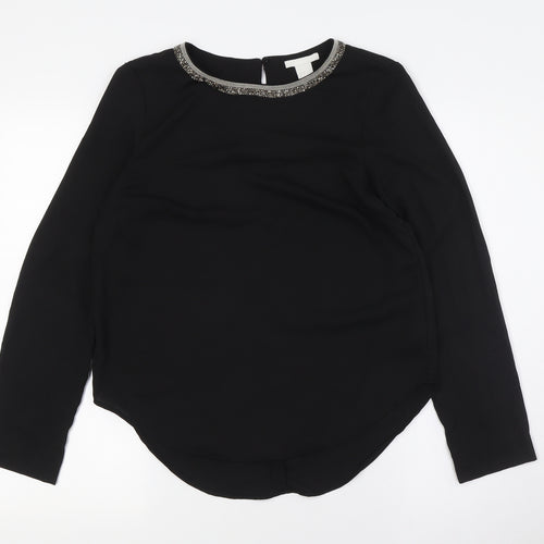 H&M Womens Black Polyester Basic Button-Up Size 6 Round Neck - Embellished Collar