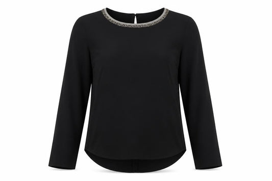 Front view of H&M women’s black polyester basic button-up, size UK 6, round neck - embellished collar
