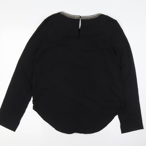 H&M Womens Black Polyester Basic Button-Up Size 6 Round Neck - Embellished Collar