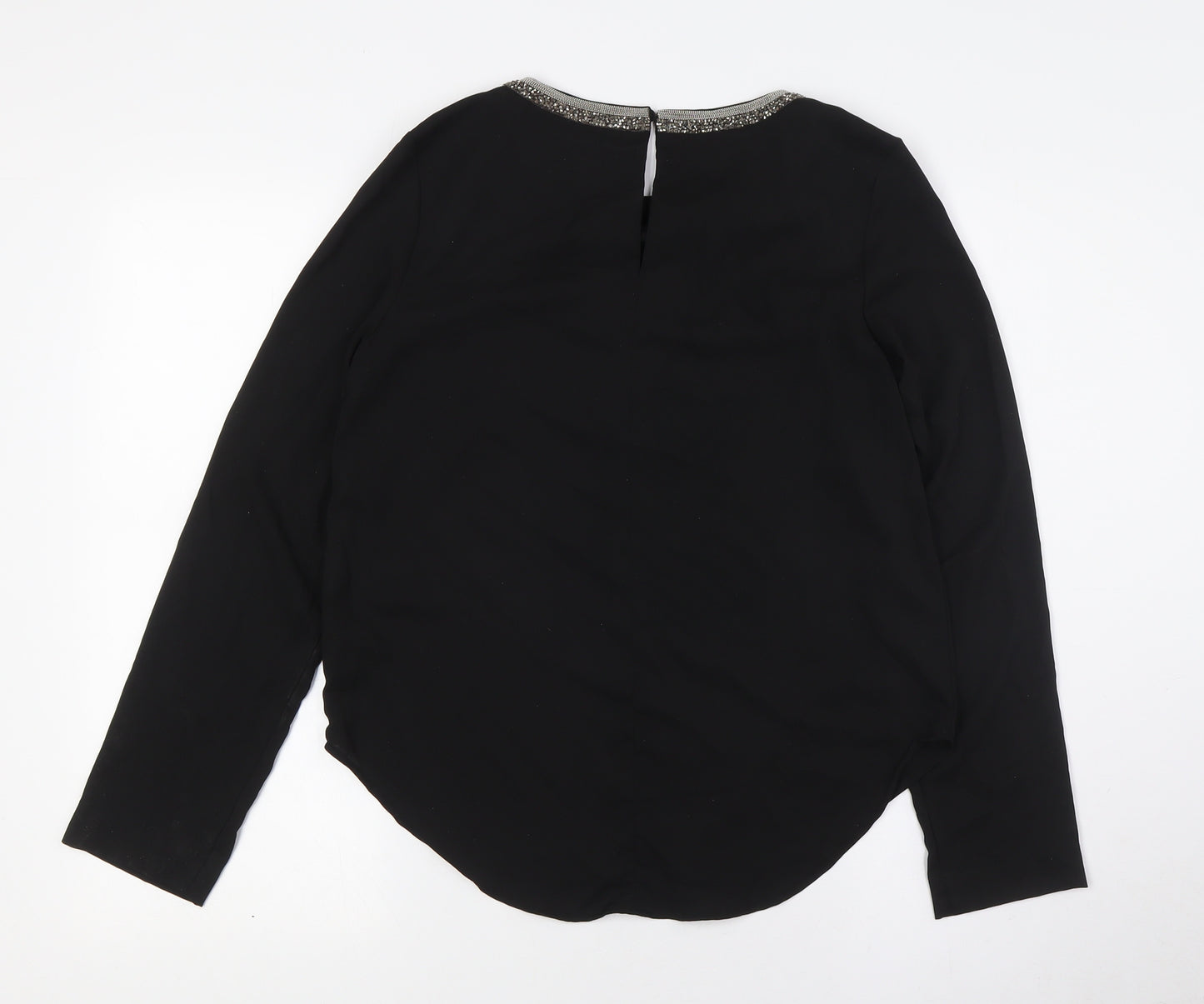 H&M Womens Black Polyester Basic Button-Up Size 6 Round Neck - Embellished Collar