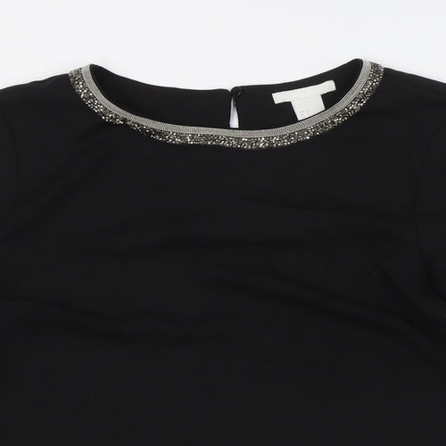 H&M Womens Black Polyester Basic Button-Up Size 6 Round Neck - Embellished Collar