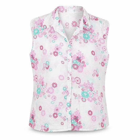 Front view of ae women’s white floral cotton basic button-up, size UK 14, collared