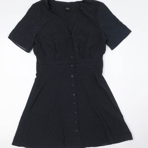 Topshop Womens Black Plaid Polyester A-Line Size 10 V-Neck Button