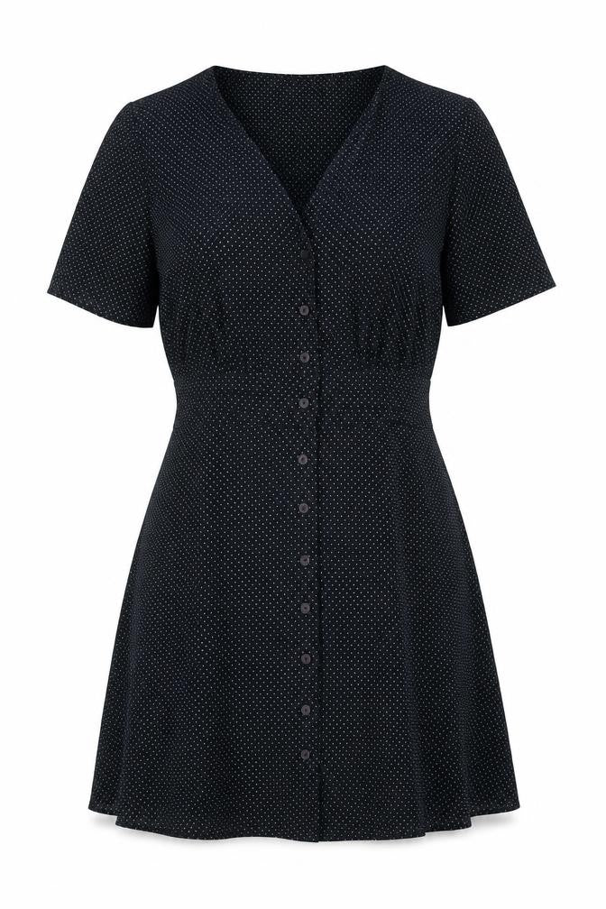 Front view of Topshop women’s black plaid polyester a-line, size UK 10, v-neck button