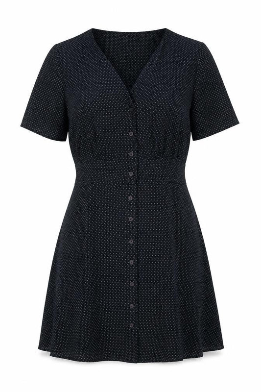 Front view of Topshop women’s black plaid polyester a-line, size UK 10, v-neck button