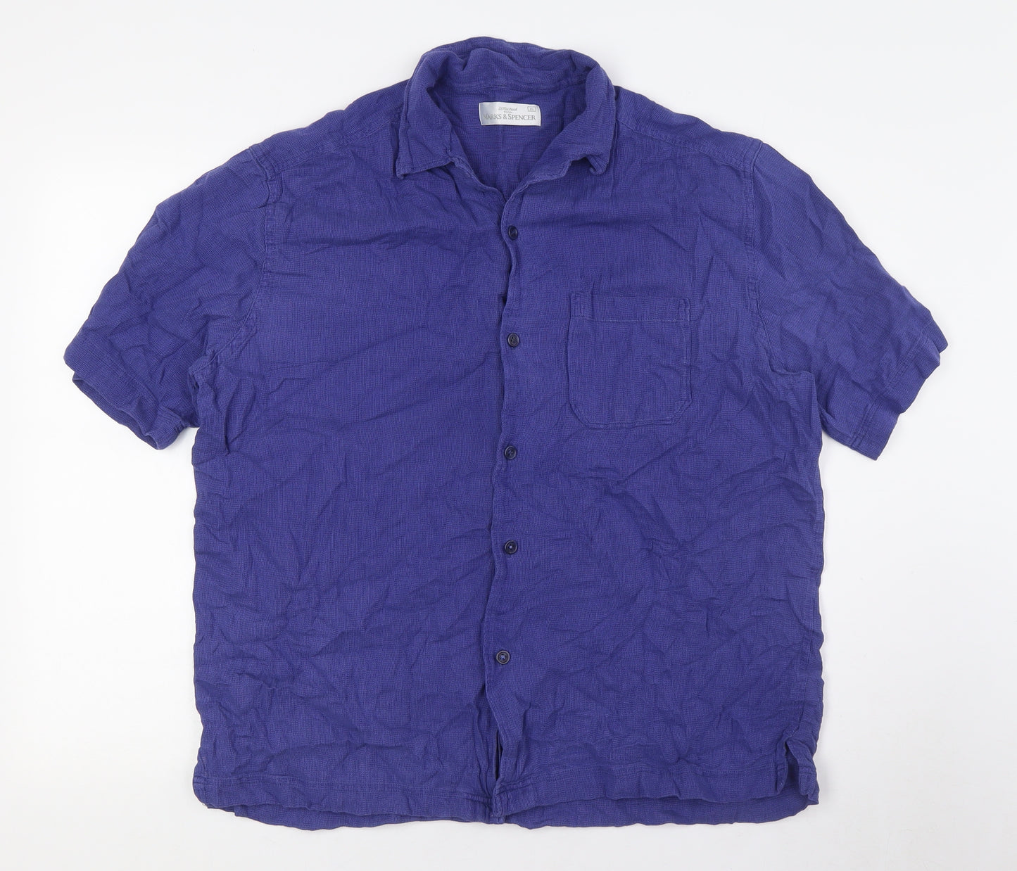 Marks and Spencer Mens Blue Cotton Button-Up Size XL Collared Button