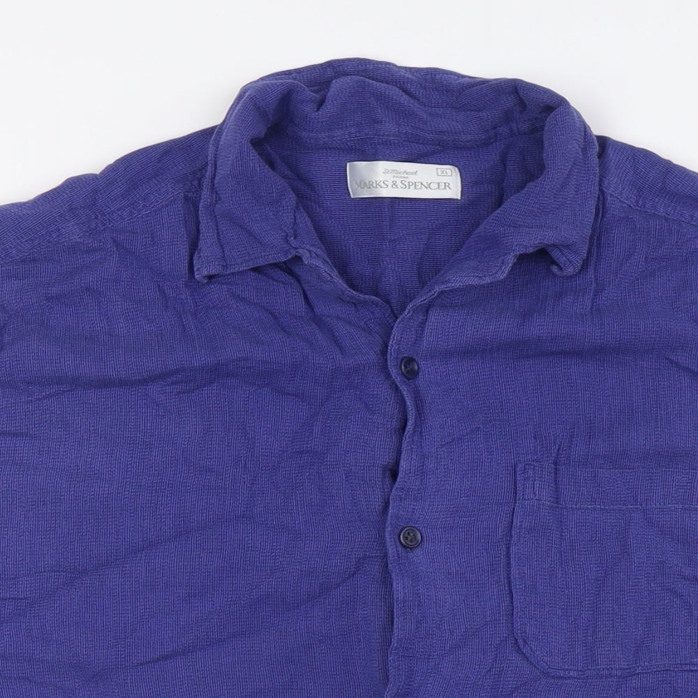 Marks and Spencer Mens Blue Cotton Button-Up Size XL Collared Button