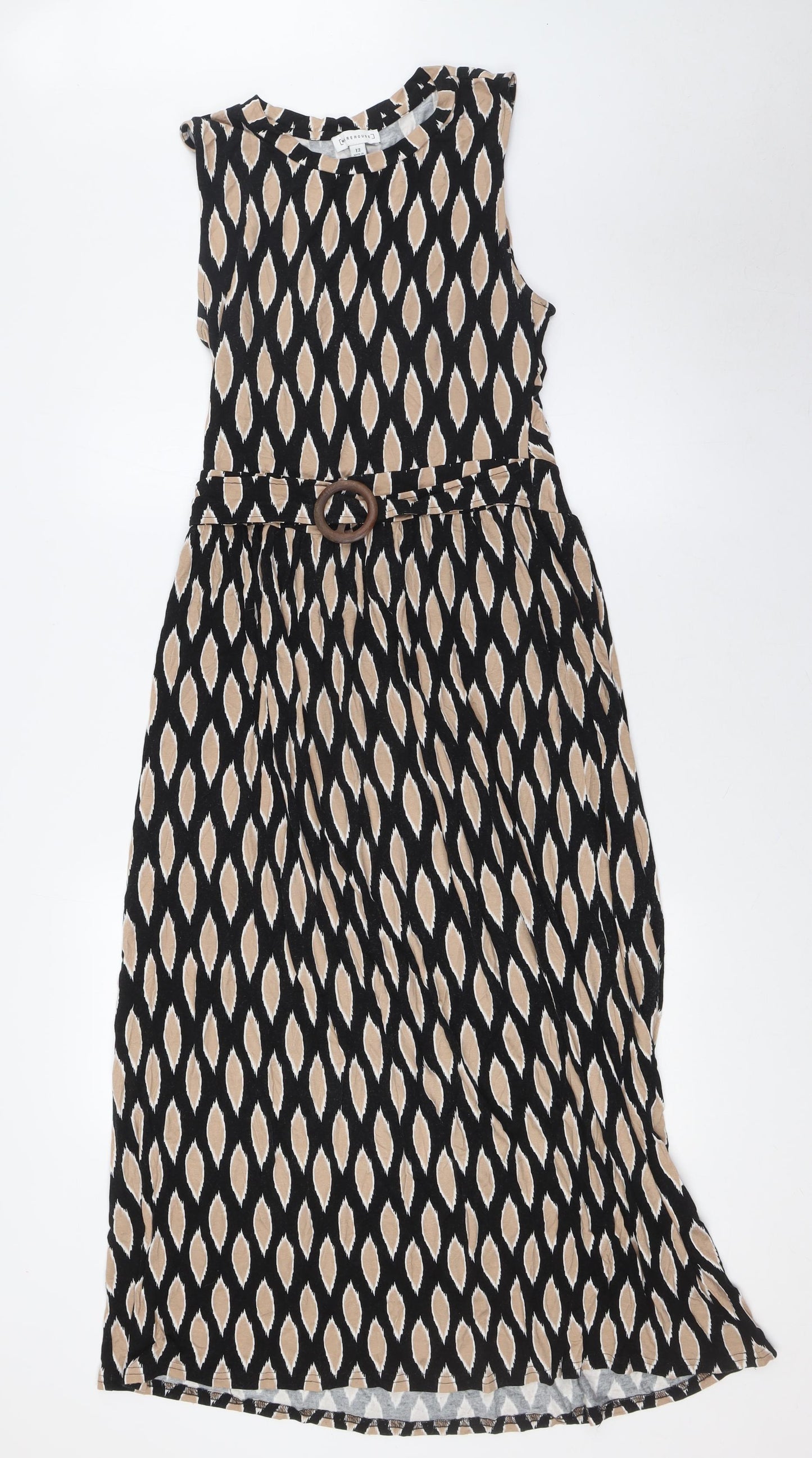 Warehouse Womens Beige Viscose A-Line Size 12 Round Neck - Knot Back