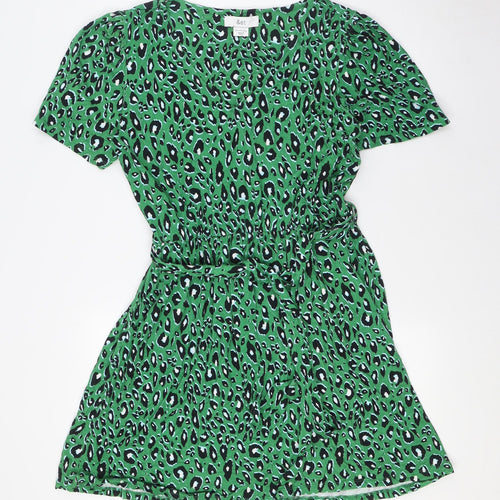 &et Womens Green Animal Print Viscose A-Line Size 12 V-Neck