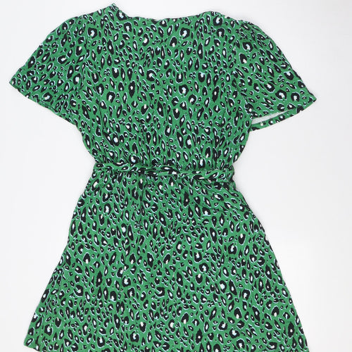 &et Womens Green Animal Print Viscose A-Line Size 12 V-Neck