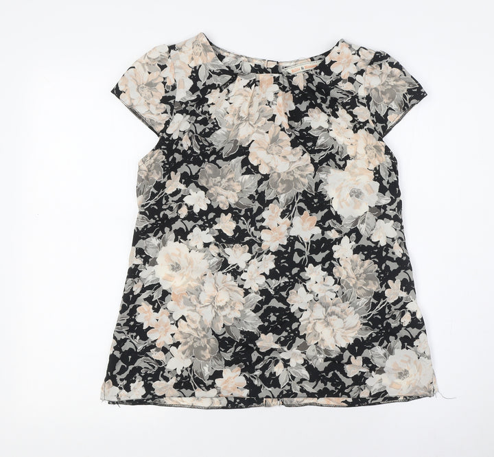 Dorothy Perkins Womens Black Floral Polyester Basic Button-Up Size 12 Boat Neck