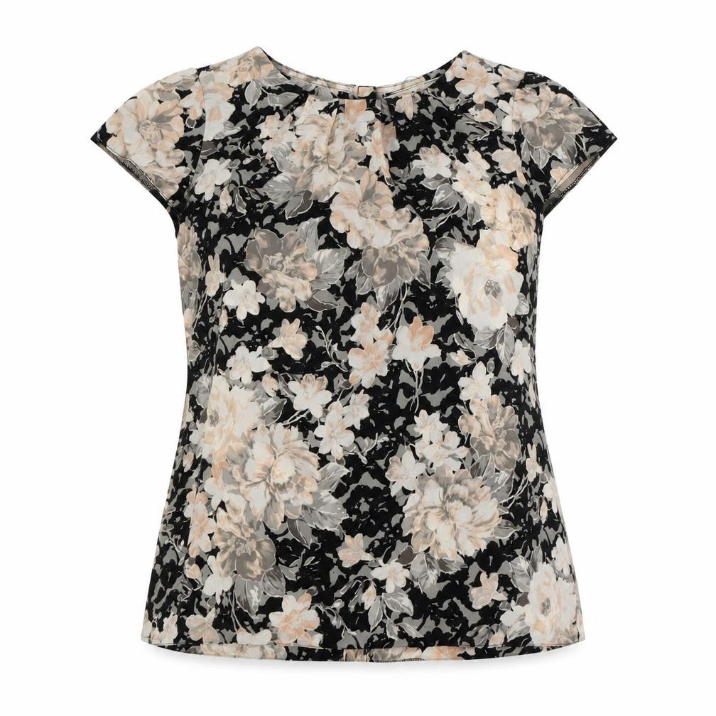 Front view of Dorothy Perkins women’s black floral polyester basic button-up, size UK 12, boat neck