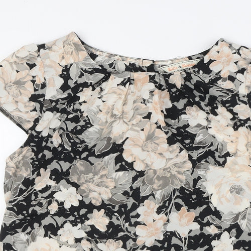 Dorothy Perkins Womens Black Floral Polyester Basic Button-Up Size 12 Boat Neck