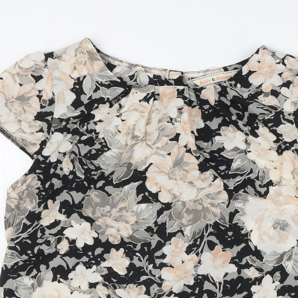 Dorothy Perkins Womens Black Floral Polyester Basic Button-Up Size 12 Boat Neck