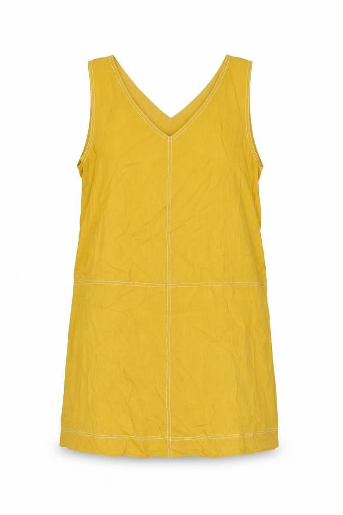 Front view of THML women’s yellow rayon a-line, size M, v-neck
