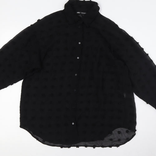 Zara Womens Black Polyester Basic Button-Up Size S Collared