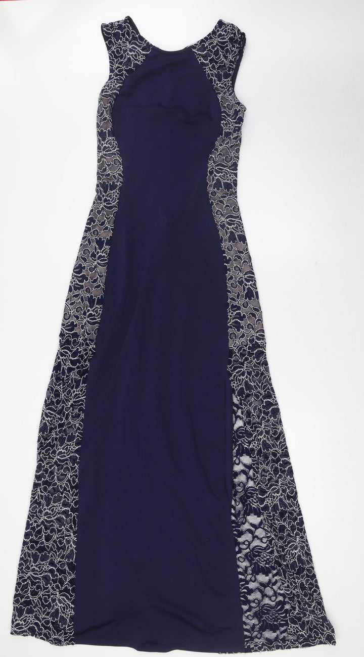 Lipsy Womens Blue Polyester A-Line Size 10 Round Neck Zip - Lace Panels