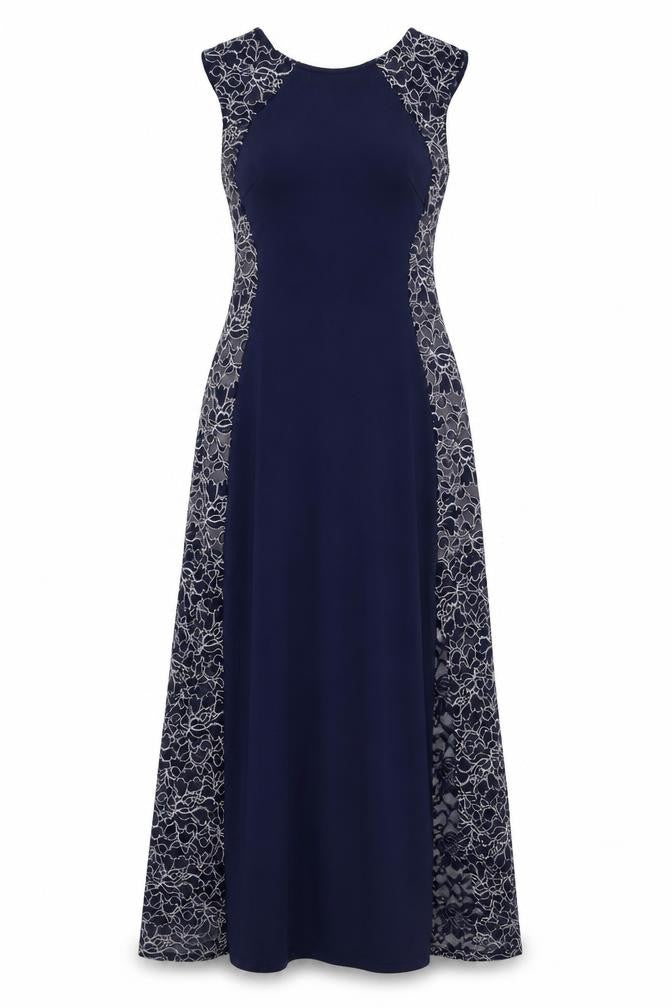 Front view of Lipsy women’s blue polyester a-line, size UK 10, round neck zip - lace panels